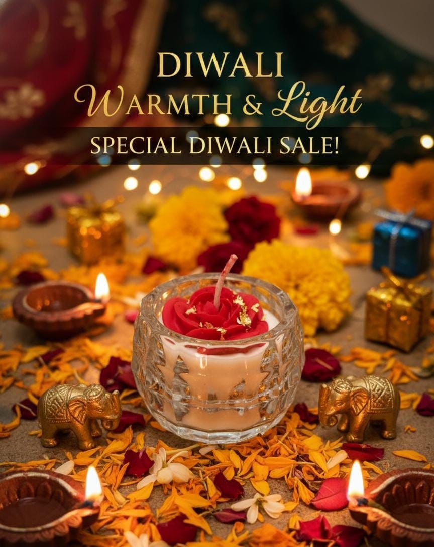 Transparent glass candle with red rose wax top surrounded by diyas and flower petals for Diwali decoration