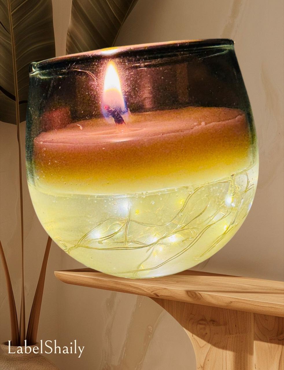 glass bowl candle with fairy lights and wax top glowing warm decorative candle for home decor